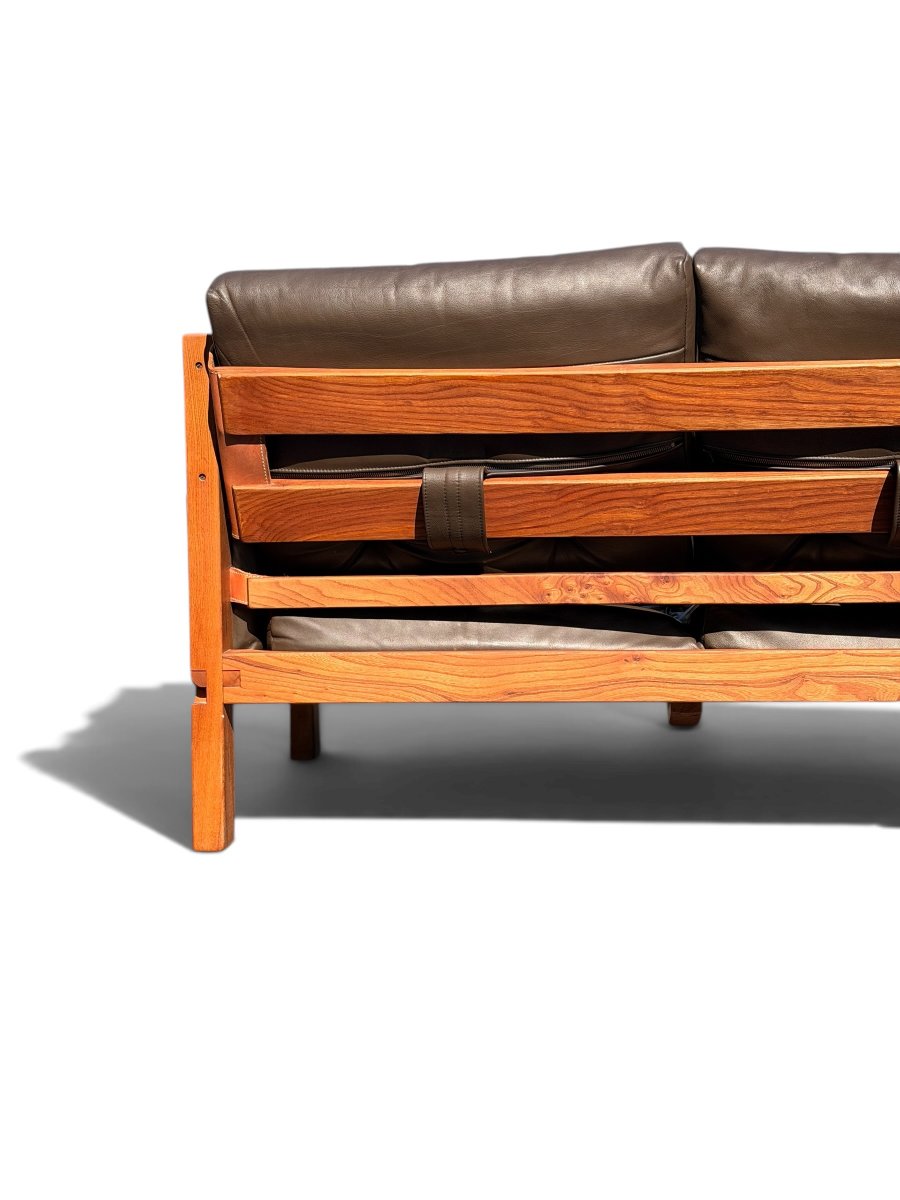 Ensemble de Salon Pierre Chapo : Canapé S32 & Fauteuil S15 (Orme Massif et Cuir, c. 1960)-photo-3
