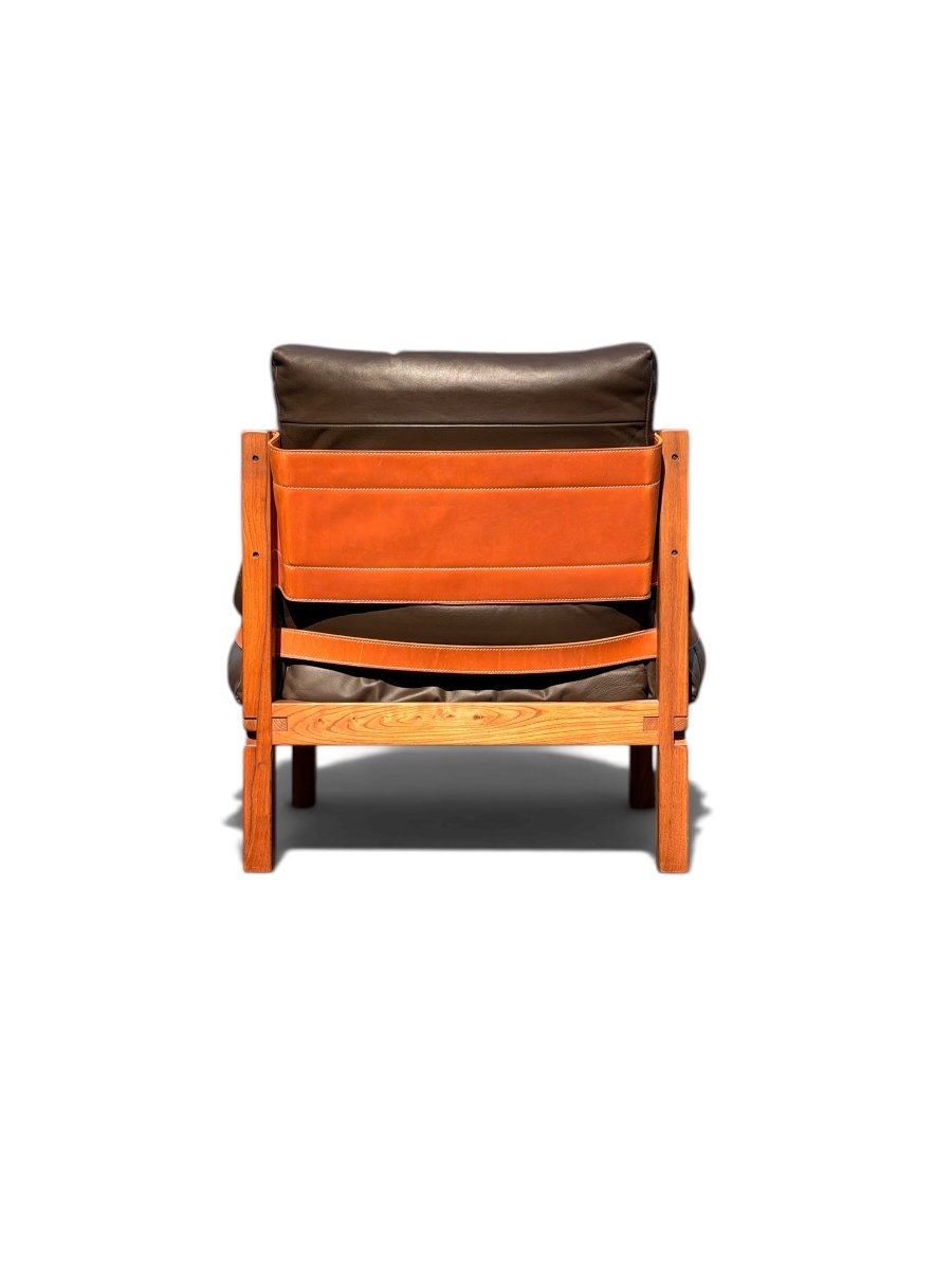 Ensemble de Salon Pierre Chapo : Canapé S32 & Fauteuil S15 (Orme Massif et Cuir, c. 1960)-photo-4