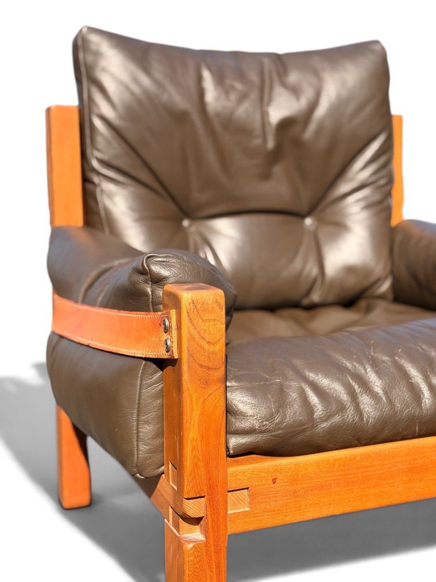 Ensemble de Salon Pierre Chapo : Canapé S32 & Fauteuil S15 (Orme Massif et Cuir, c. 1960)-photo-7