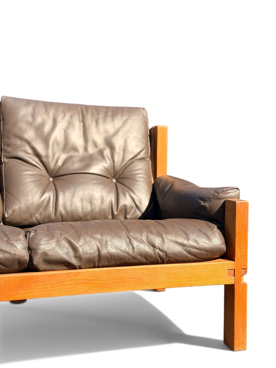 Ensemble de Salon Pierre Chapo : Canapé S32 & Fauteuil S15 (Orme Massif et Cuir, c. 1960)-photo-8