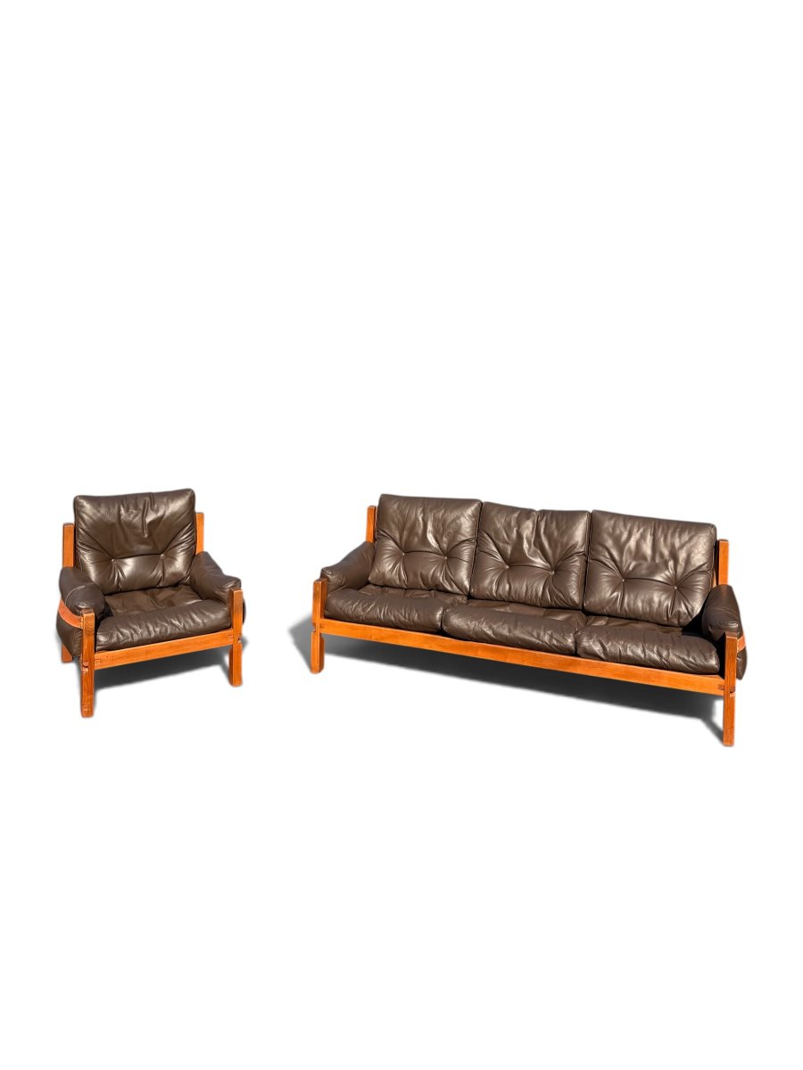 Ensemble de Salon Pierre Chapo : Canapé S32 & Fauteuil S15 (Orme Massif et Cuir, c. 1960)