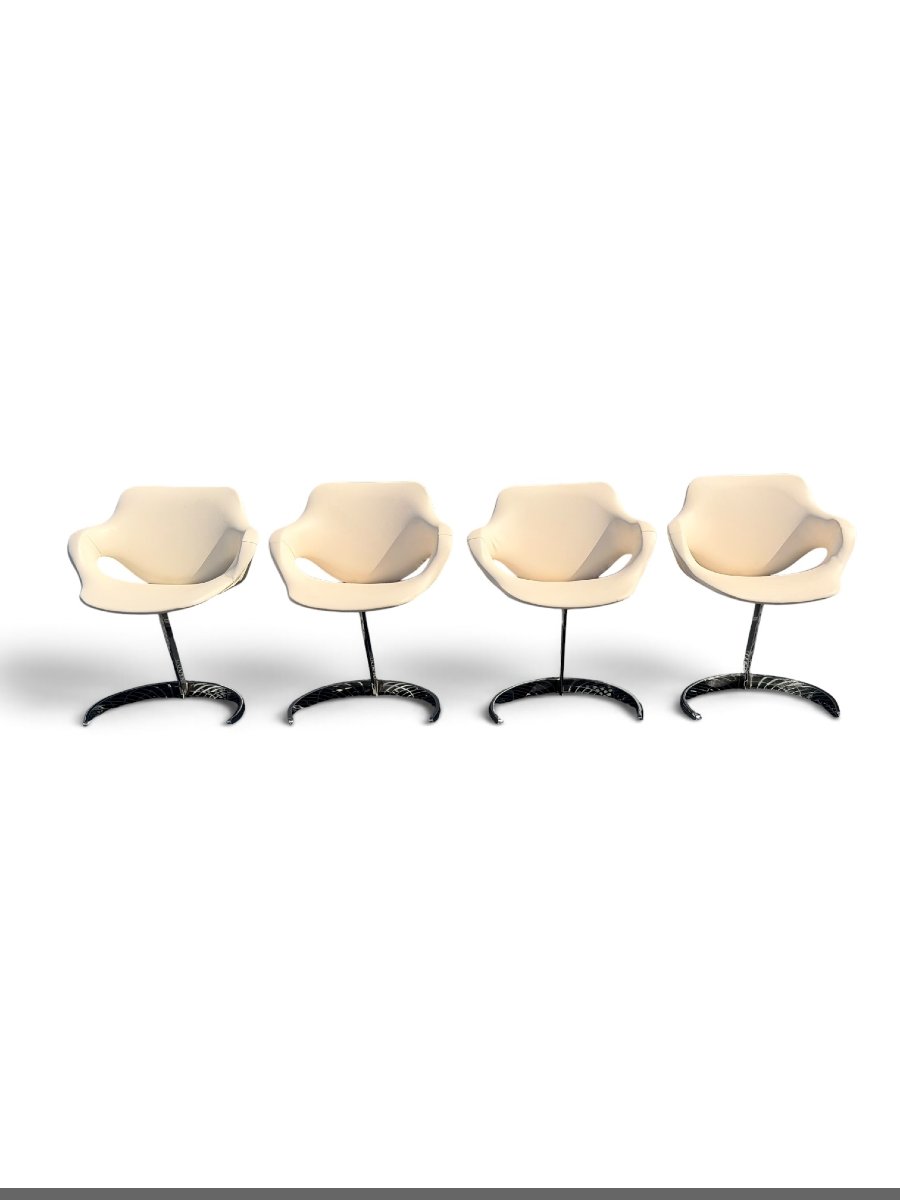 Set Of 4 "scimitar" Armchairs Attributed To Boris Tabacoff—chrome-plated Steel And White Leather, 1970-photo-2