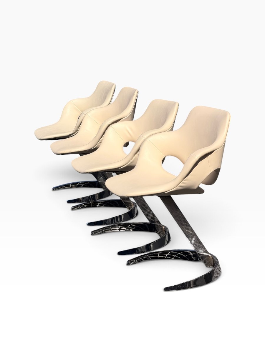 Set Of 4 "scimitar" Armchairs Attributed To Boris Tabacoff—chrome-plated Steel And White Leather, 1970-photo-3