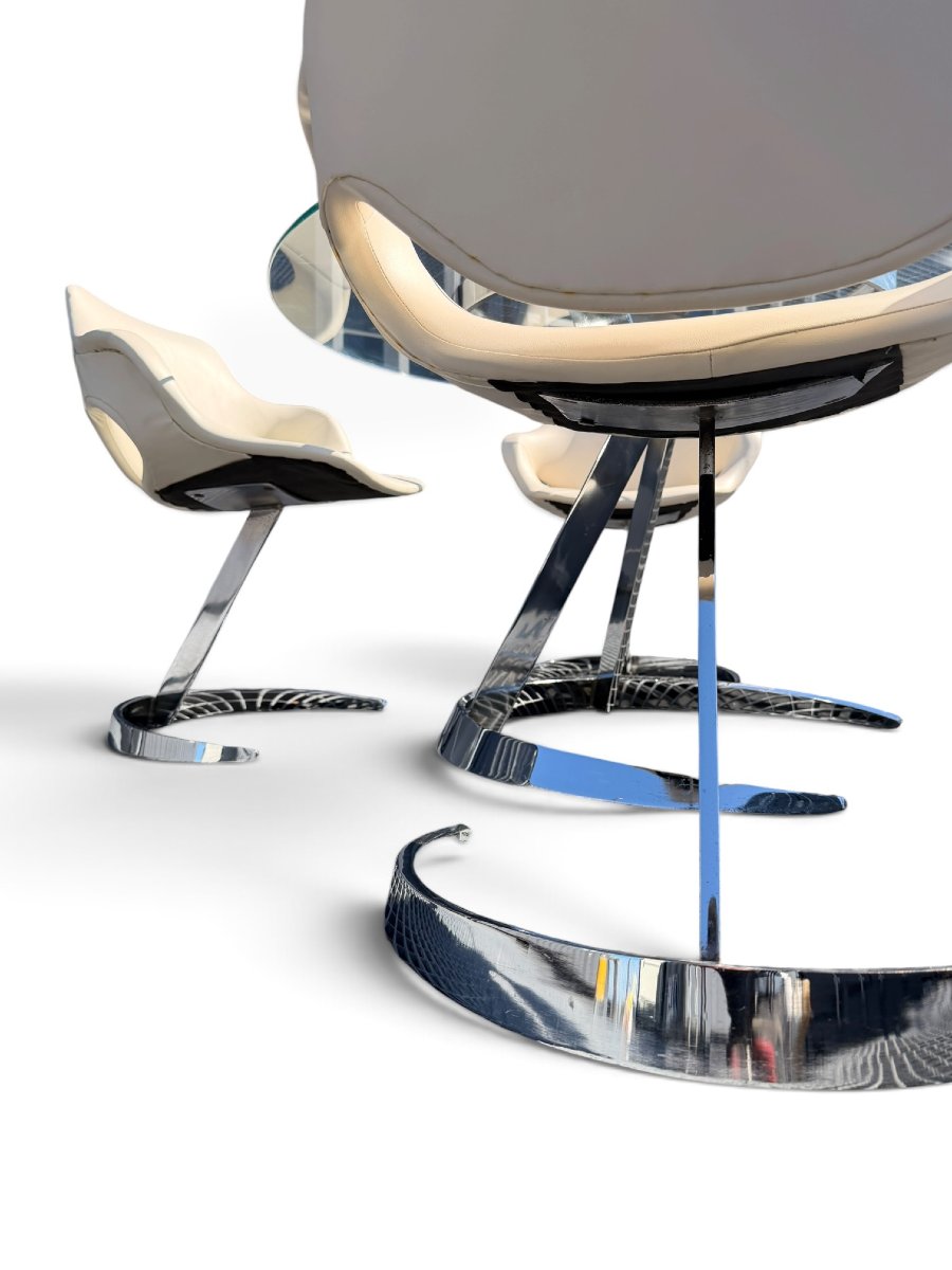 Set Of 4 "scimitar" Armchairs Attributed To Boris Tabacoff—chrome-plated Steel And White Leather, 1970-photo-4