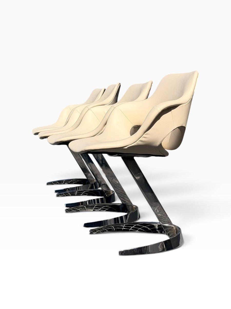 Set Of 4 "scimitar" Armchairs Attributed To Boris Tabacoff—chrome-plated Steel And White Leather, 1970-photo-3