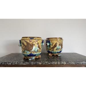 Pair Of Art Nouveau Earthenware Cachepots, Decorated With Birds And Ribbons, Circa 1900