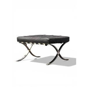 Barcelona Original Ottoman By Knoll, Design Mies Van Der Rohe, Black Leather And Chrome, 20th Century