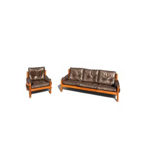 Ensemble de Salon Pierre Chapo : Canapé S32 & Fauteuil S15 (Orme Massif et Cuir, c. 1960)
