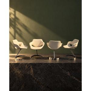 Set Of 4 "scimitar" Armchairs Attributed To Boris Tabacoff—chrome-plated Steel And White Leather, 1970