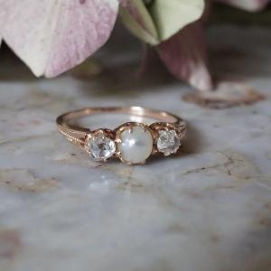 Bague Jarretière Or Rose Diamants Perle 