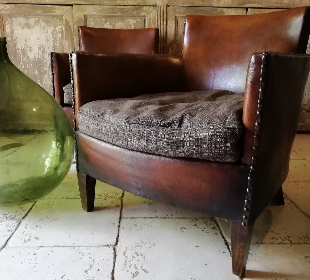 Paire De Fauteuils Cuir , Club 