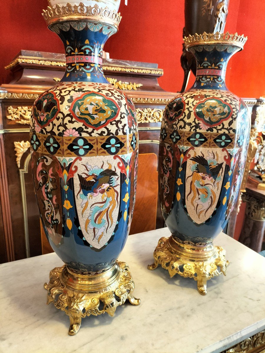 Pair Of Large Cloisonne Enamel Vases Japan Meiji Period-photo-2