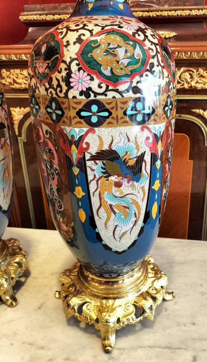 Pair Of Large Cloisonne Enamel Vases Japan Meiji Period-photo-3