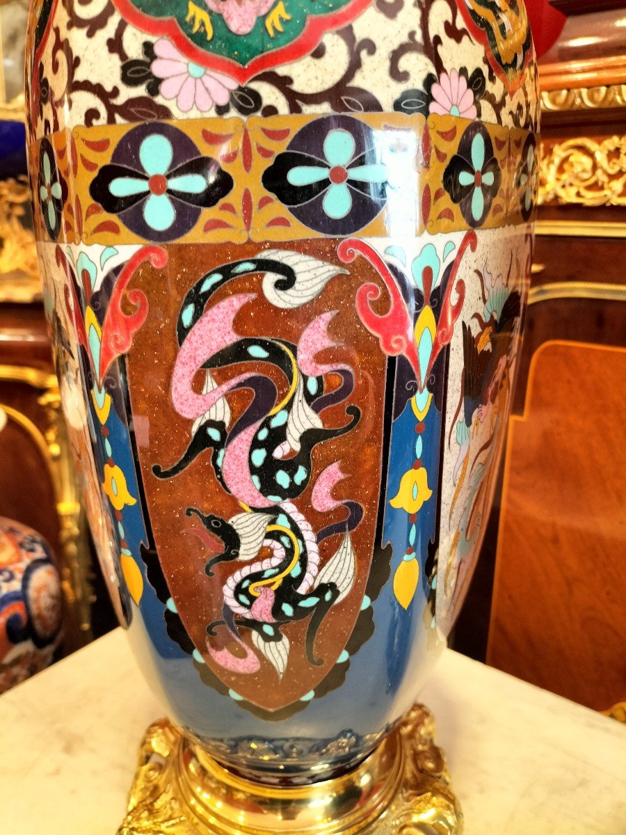 Pair Of Large Cloisonne Enamel Vases Japan Meiji Period-photo-4