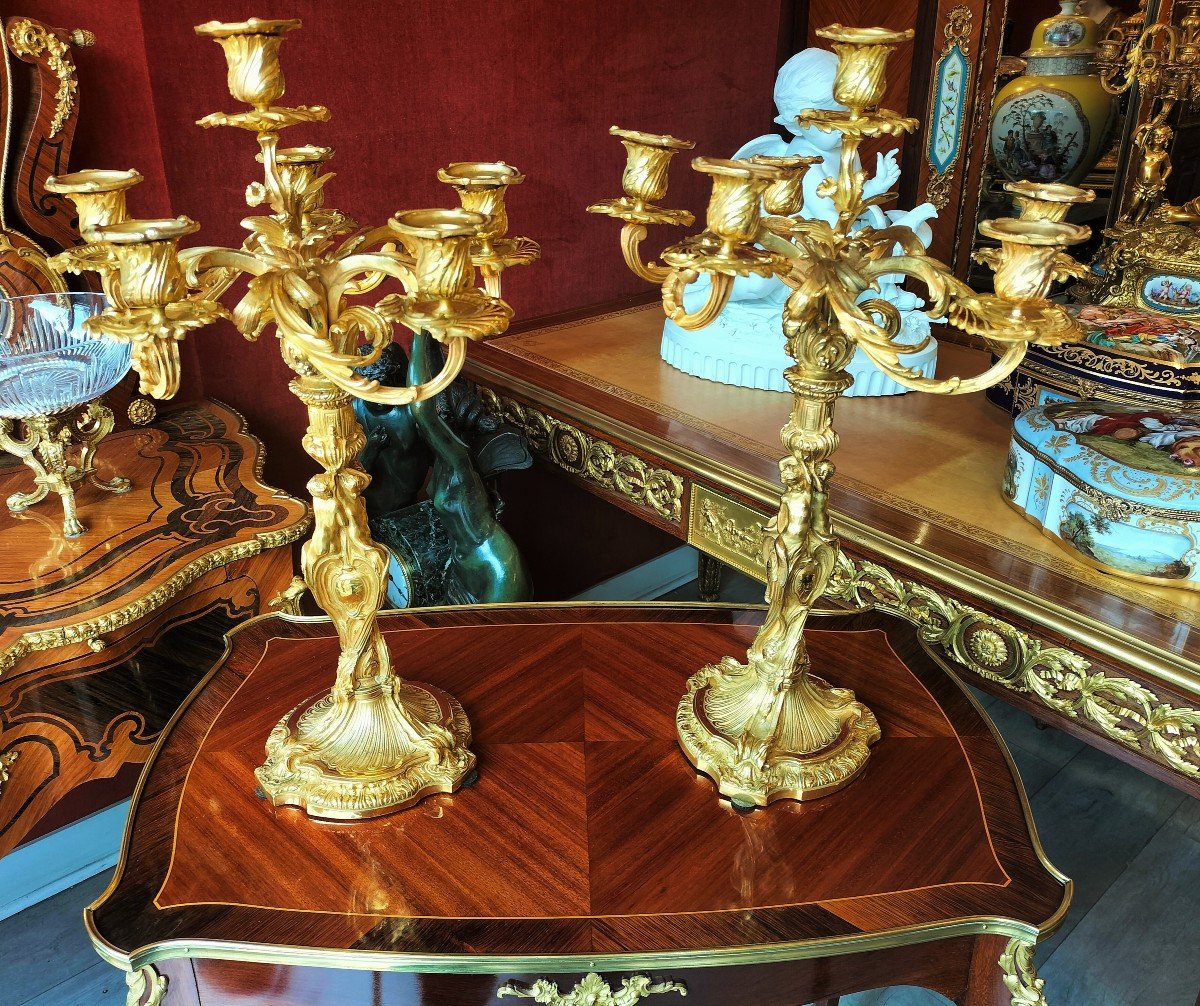 Important Pair Of Gilt Bronze Candelabra Louis XV Style