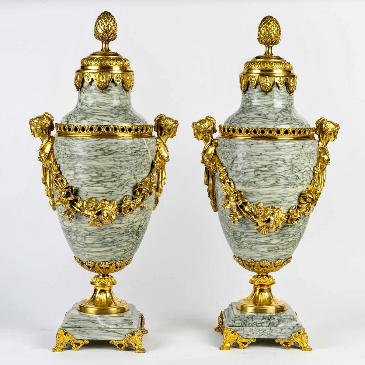 Pair Of Important Cassolettes In Marble And Gilt Bronze 