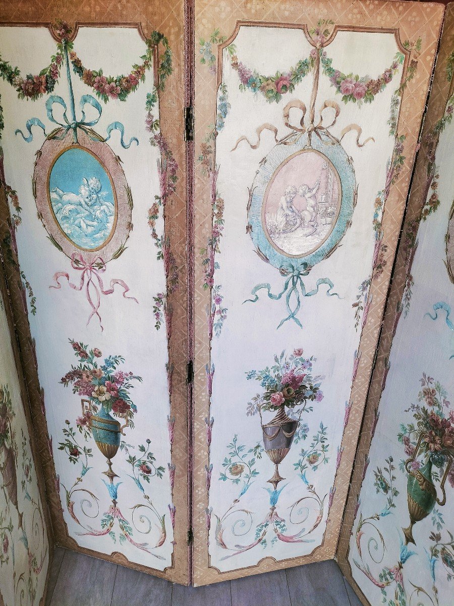 4-leaf Screen Oil On Neoclassical Painted Canvas 19th Century -photo-7