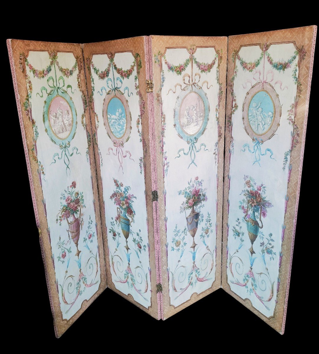 4-leaf Screen Oil On Neoclassical Painted Canvas 19th Century -photo-5