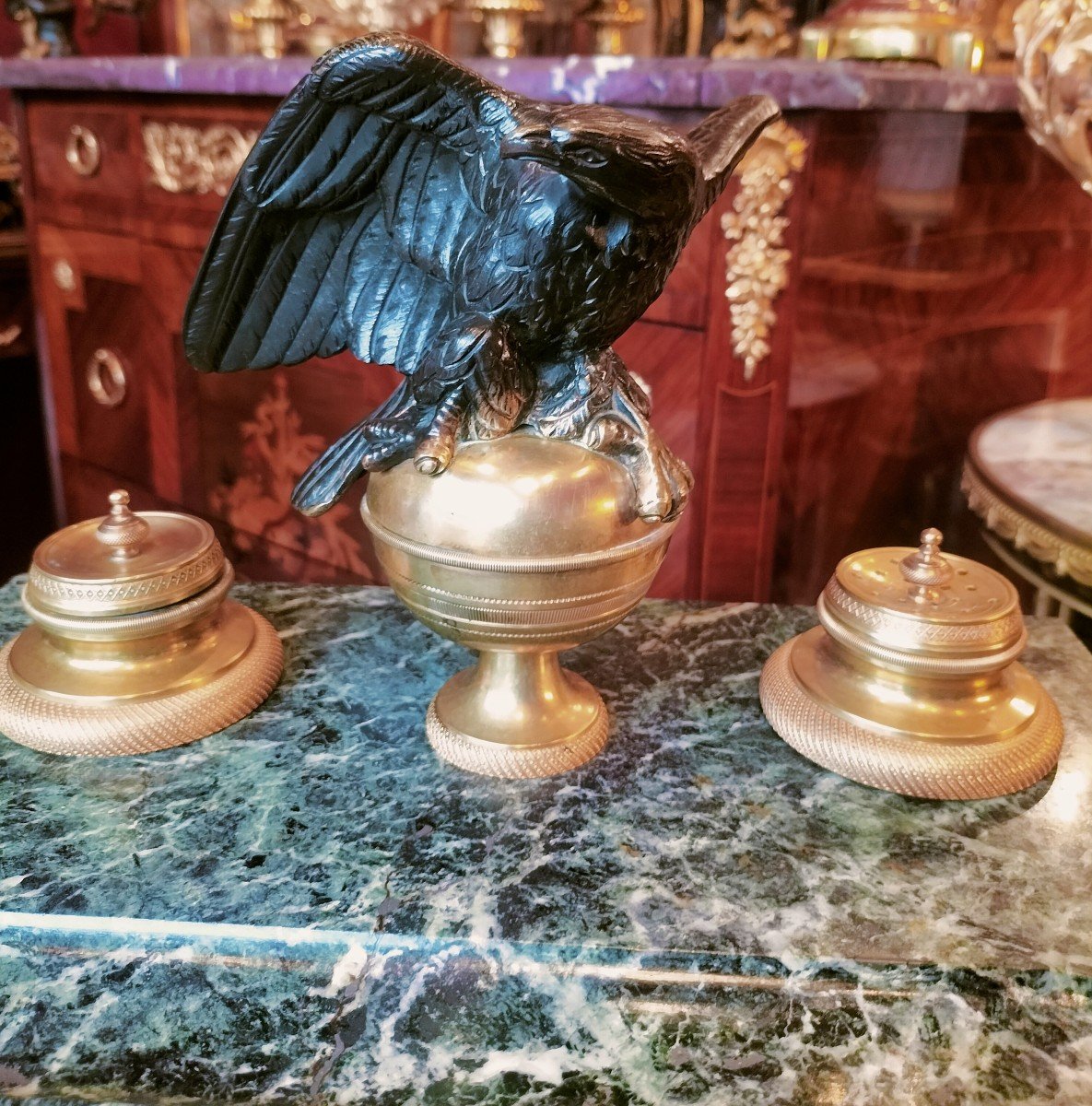 Important Inkwell In Green Marble And Gilt Bronze Empire Style -photo-3