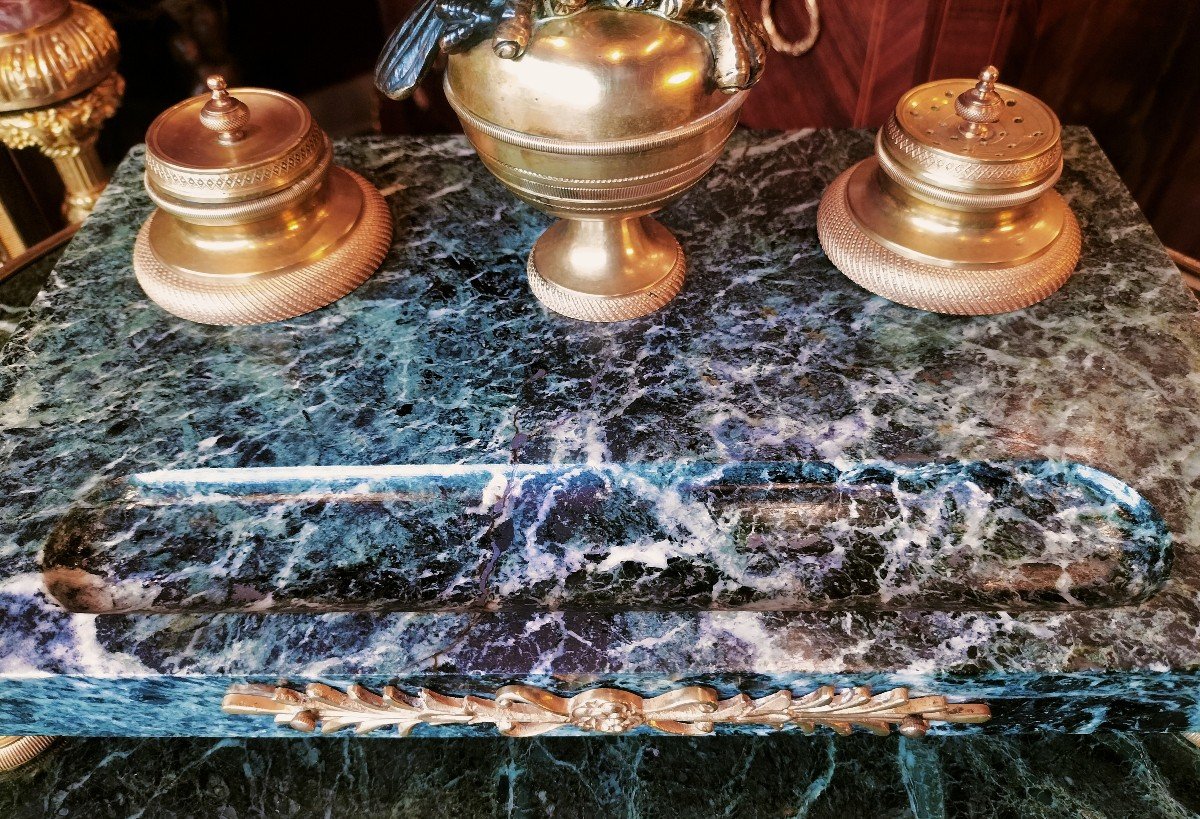 Important Inkwell In Green Marble And Gilt Bronze Empire Style -photo-3