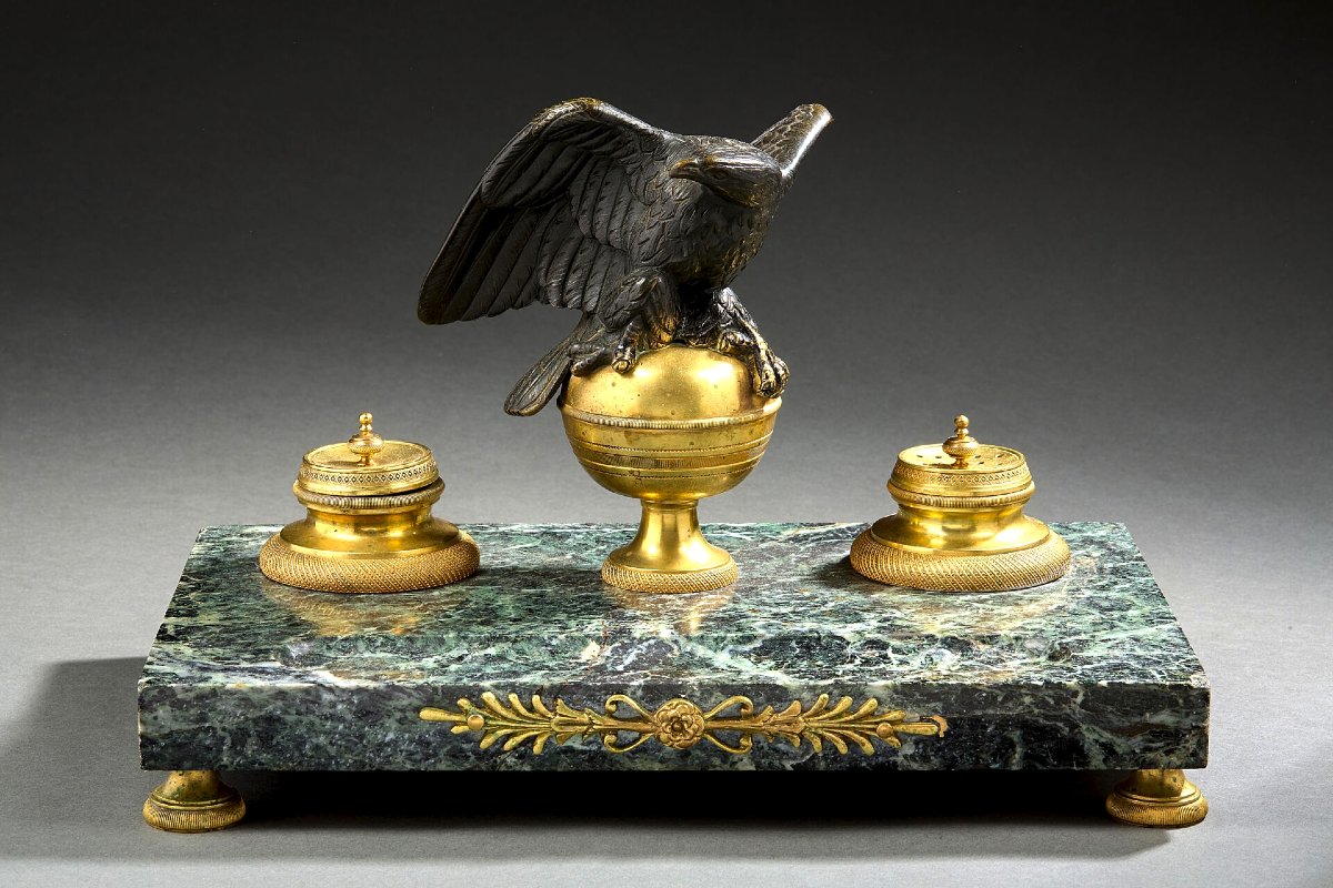 Important Inkwell In Green Marble And Gilt Bronze Empire Style 