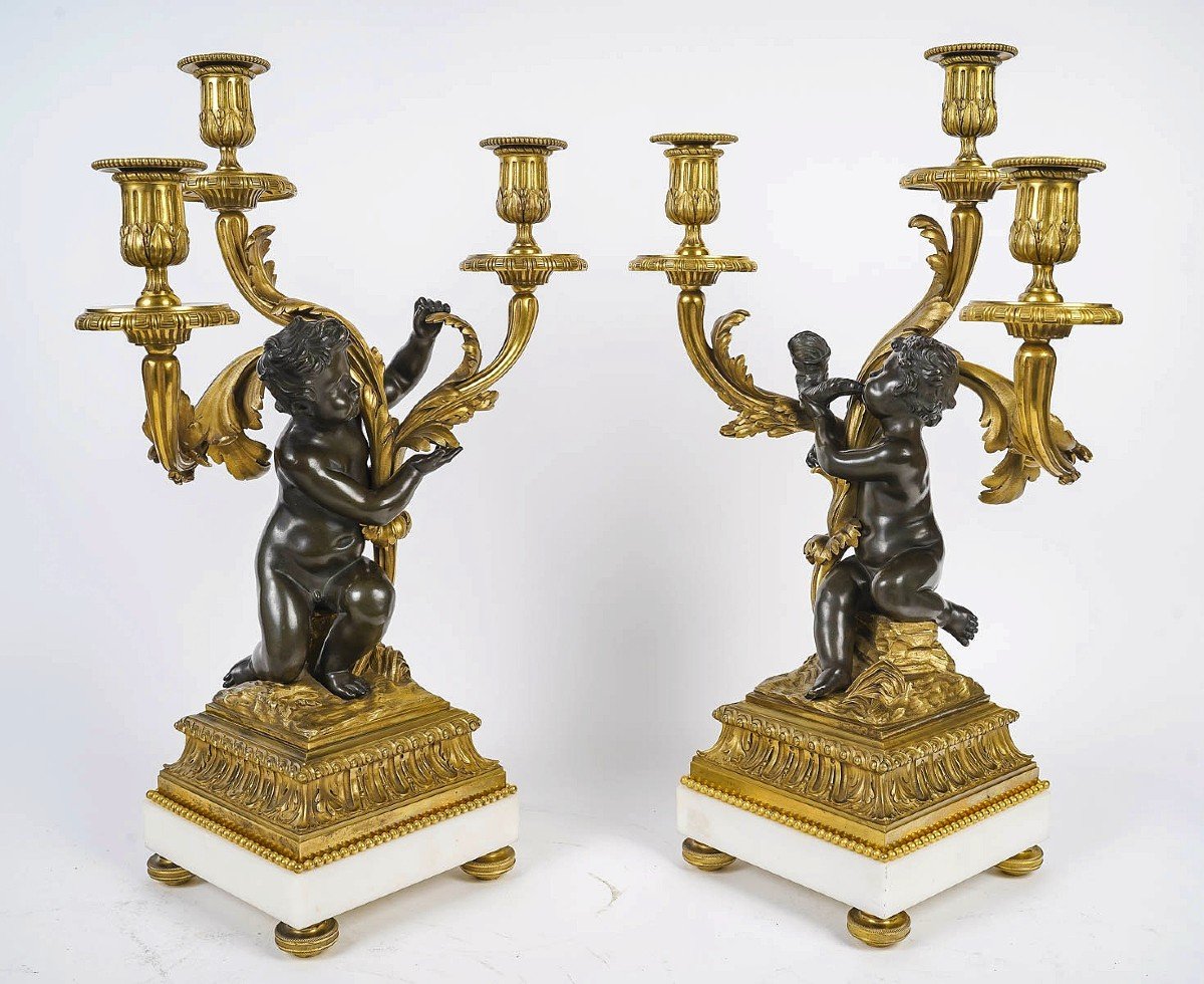 Paire De Candélabres En Bronze Doré Et Patiné XIXème Siècle -photo-2