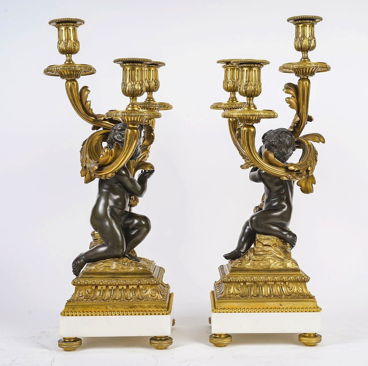 Paire De Candélabres En Bronze Doré Et Patiné XIXème Siècle -photo-1