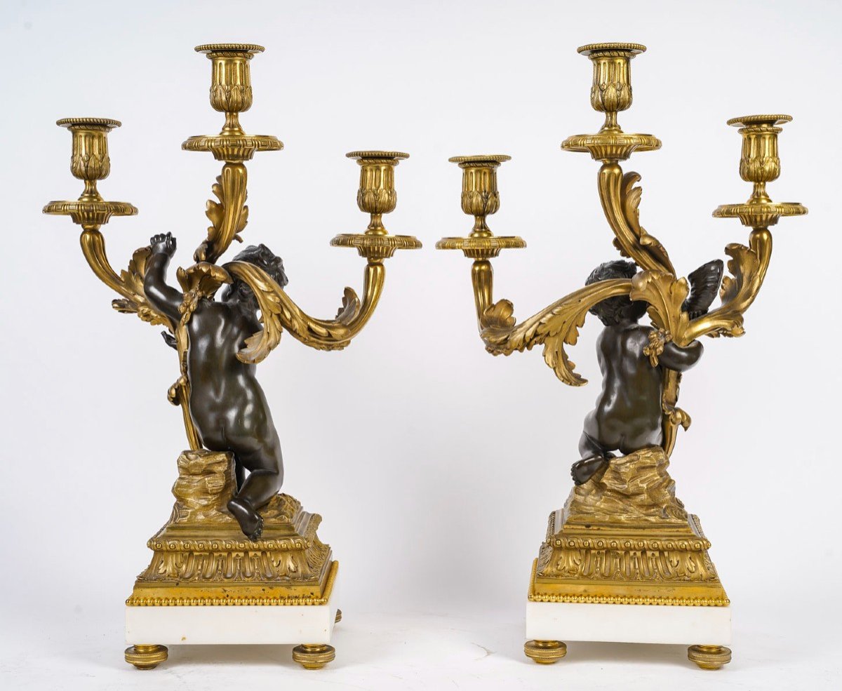 Paire De Candélabres En Bronze Doré Et Patiné XIXème Siècle -photo-3