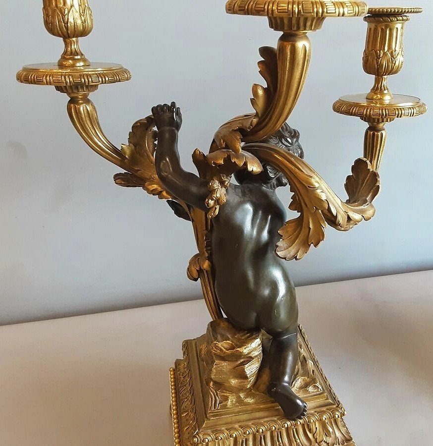 Paire De Candélabres En Bronze Doré Et Patiné XIXème Siècle -photo-7