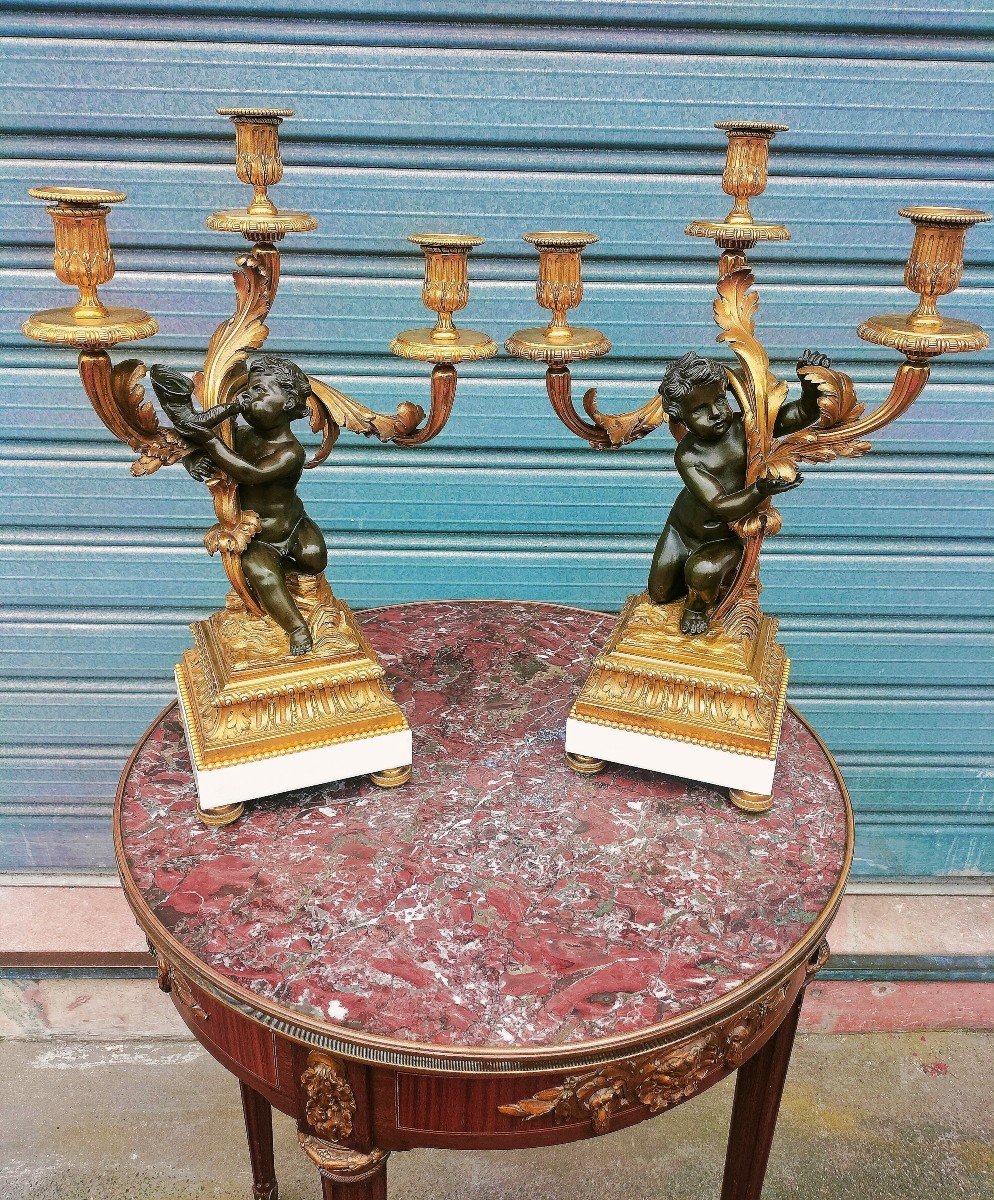 Paire De Candélabres En Bronze Doré Et Patiné XIXème Siècle -photo-8