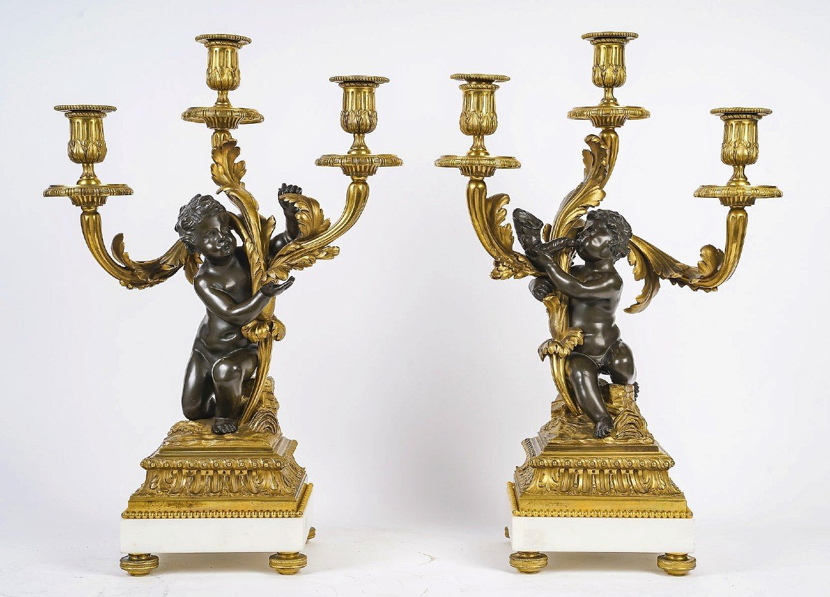 Paire De Candélabres En Bronze Doré Et Patiné XIXème Siècle 