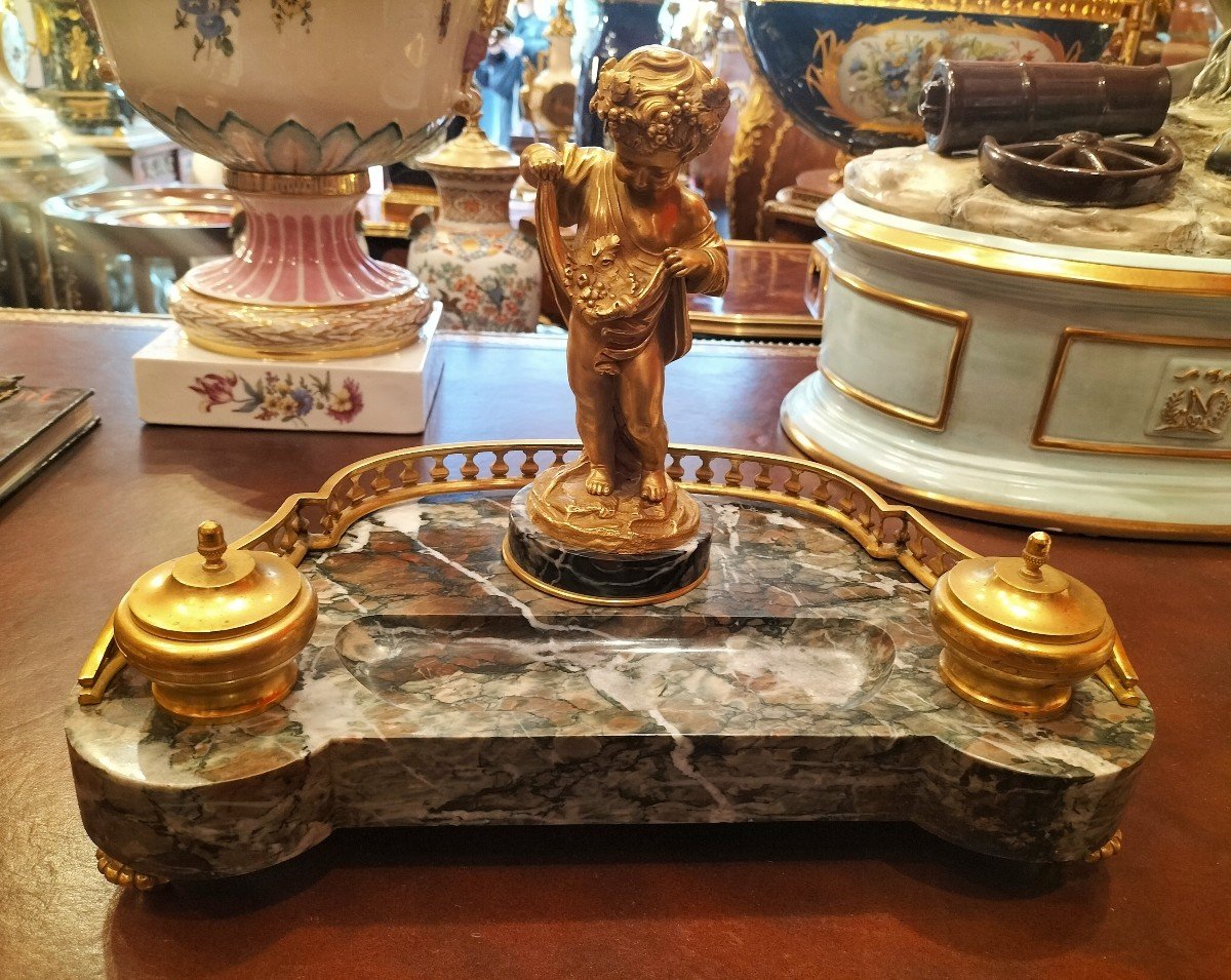Bel Encrier En Marbre Et Bronze Doré 19ème Siècle -photo-3
