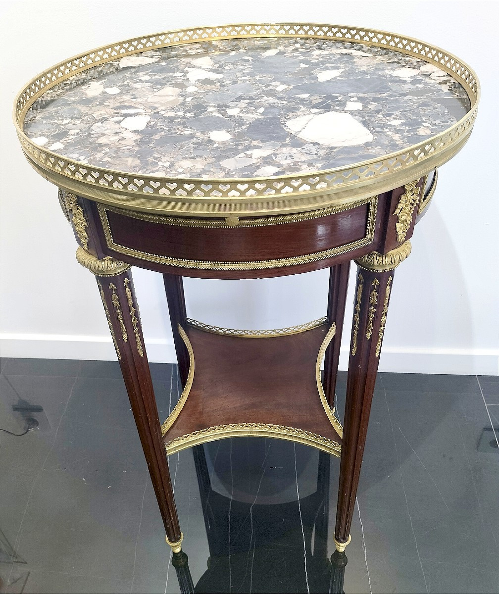 Mahogany And Gilt Bronze Pedestal Table, Louis XVI Style, 19th Century 