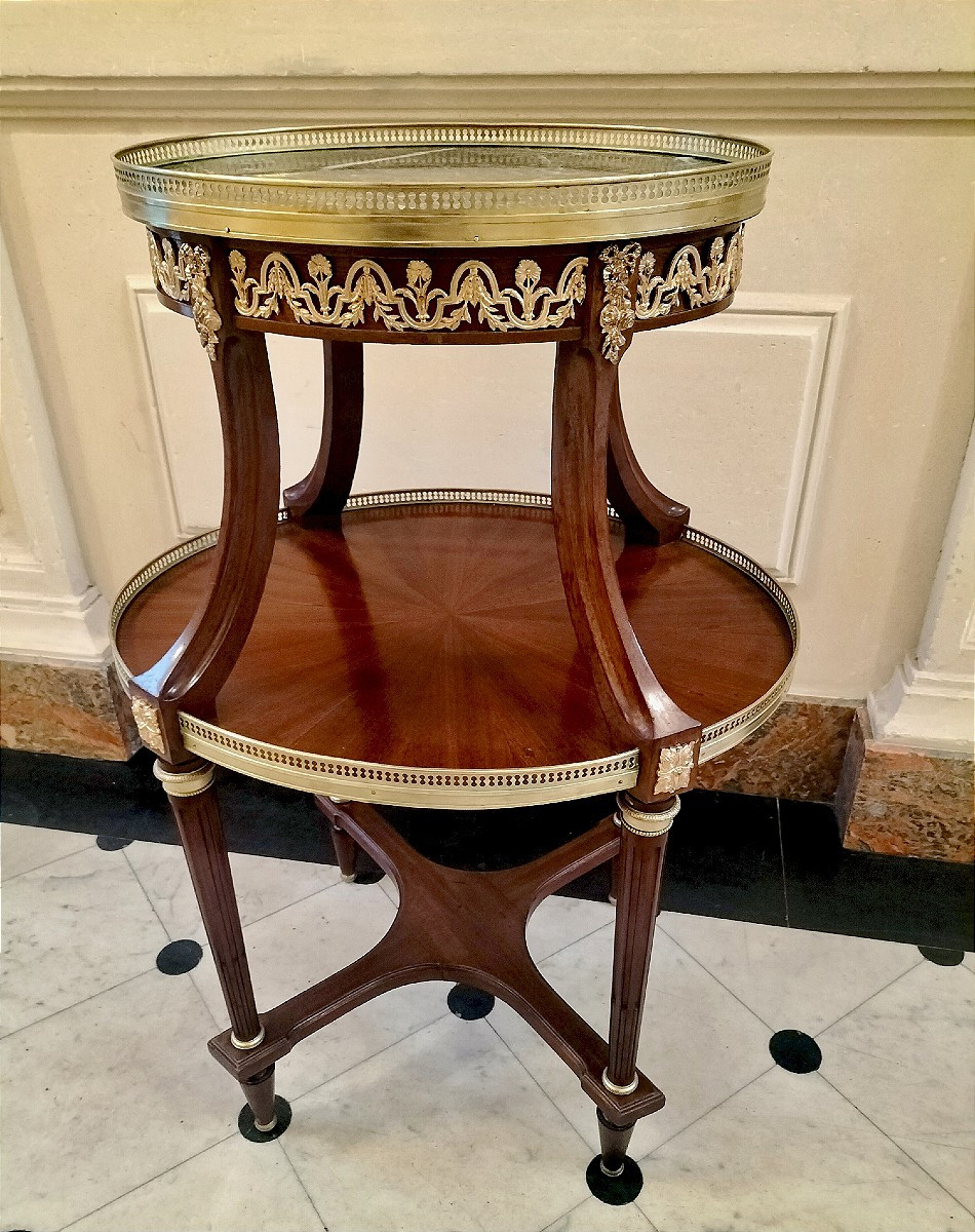 Guéridon à 2 plateaux en acajou et bronze doré style Louis XVI circa 1900-photo-3
