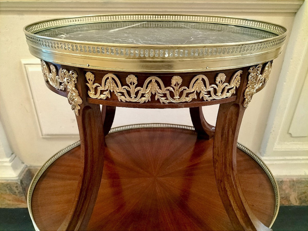 Guéridon à 2 plateaux en acajou et bronze doré style Louis XVI circa 1900-photo-4