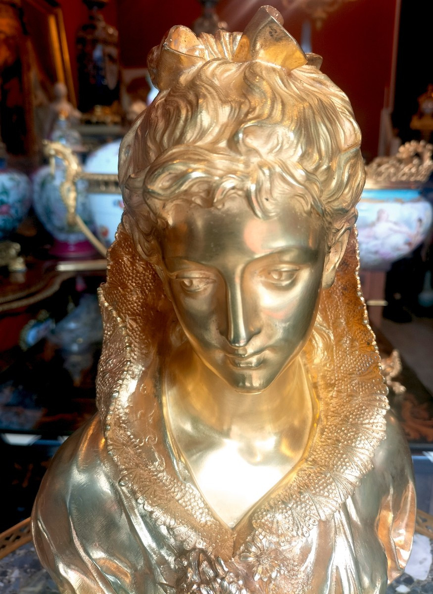 Bust Of A Woman In Gilded Bronze Signed Mathurin Moreau 19th Century -photo-2