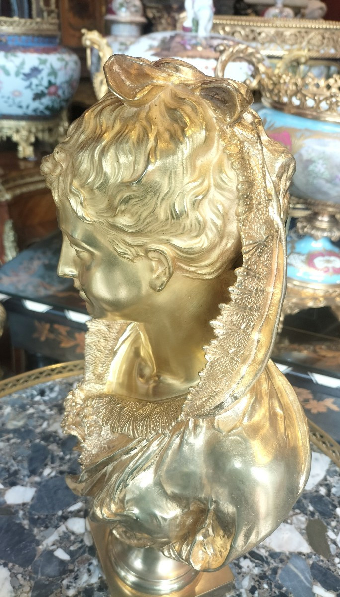Bust Of A Woman In Gilded Bronze Signed Mathurin Moreau 19th Century -photo-4