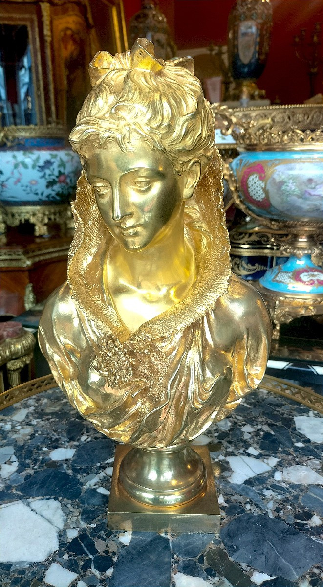 Bust Of A Woman In Gilded Bronze Signed Mathurin Moreau 19th Century 