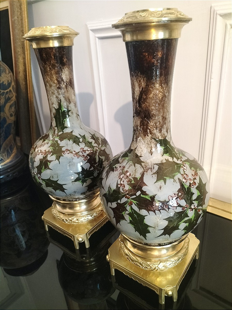 Attributed To Montigny Sur Loing Pair Of Ceramic Vases With Gilt Bronze Mounts 19th Century -photo-1