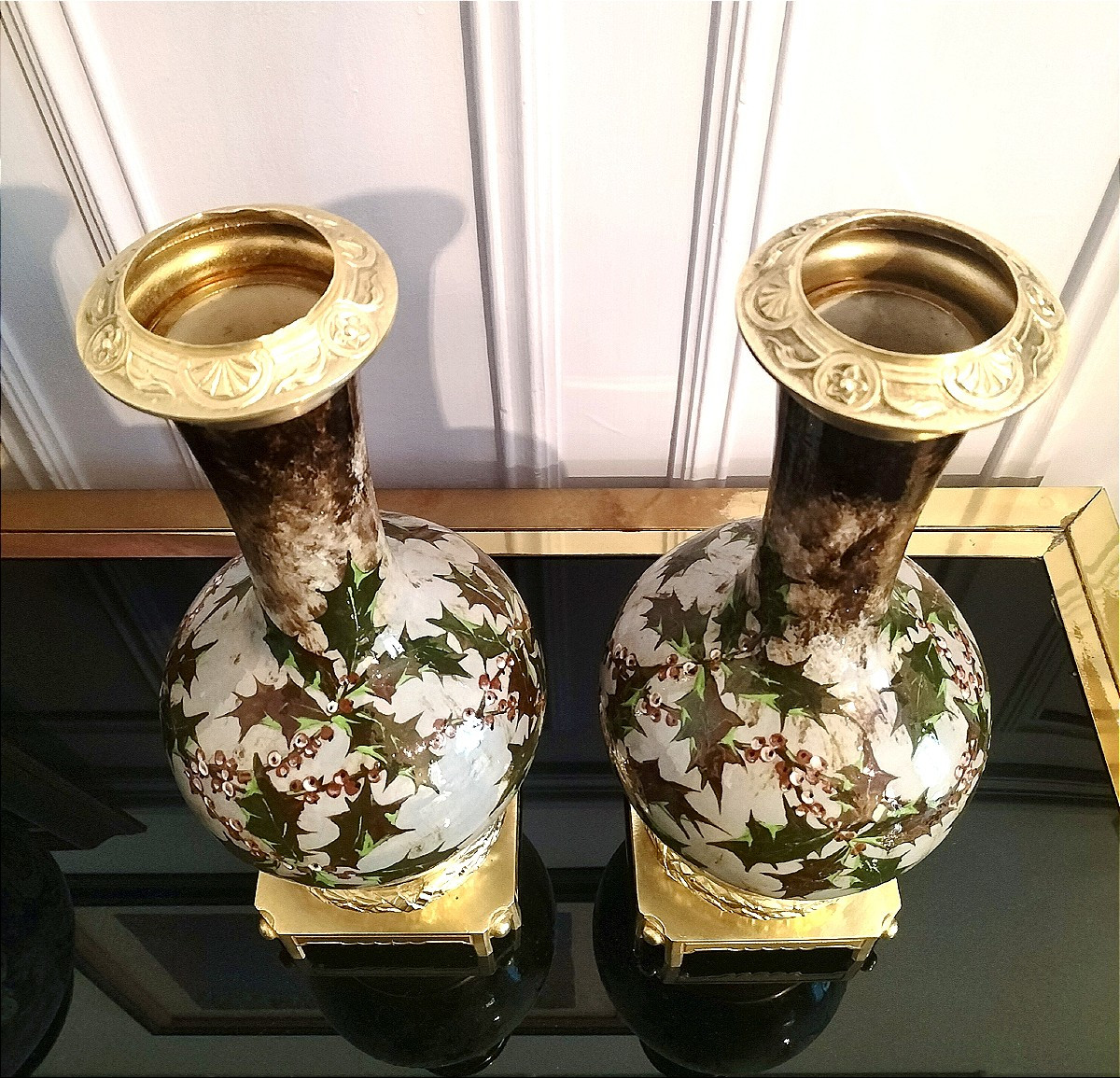 Attributed To Montigny Sur Loing Pair Of Ceramic Vases With Gilt Bronze Mounts 19th Century -photo-6