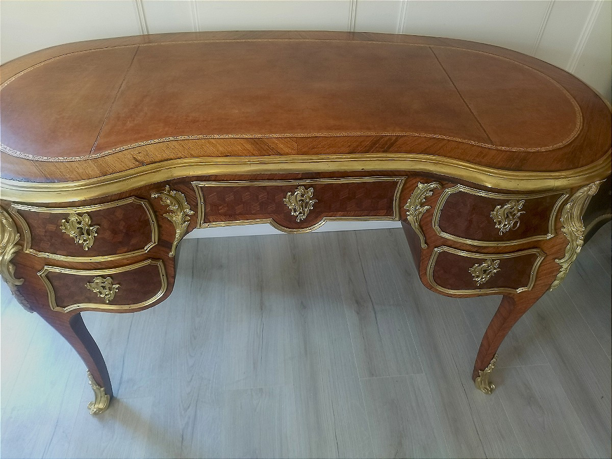 Bureau rognon marqueterie et bronze doré style Louis XV-photo-3