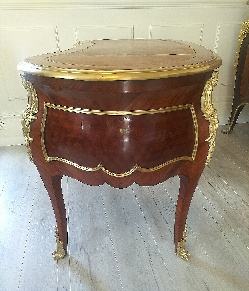 Bureau rognon marqueterie et bronze doré style Louis XV-photo-3