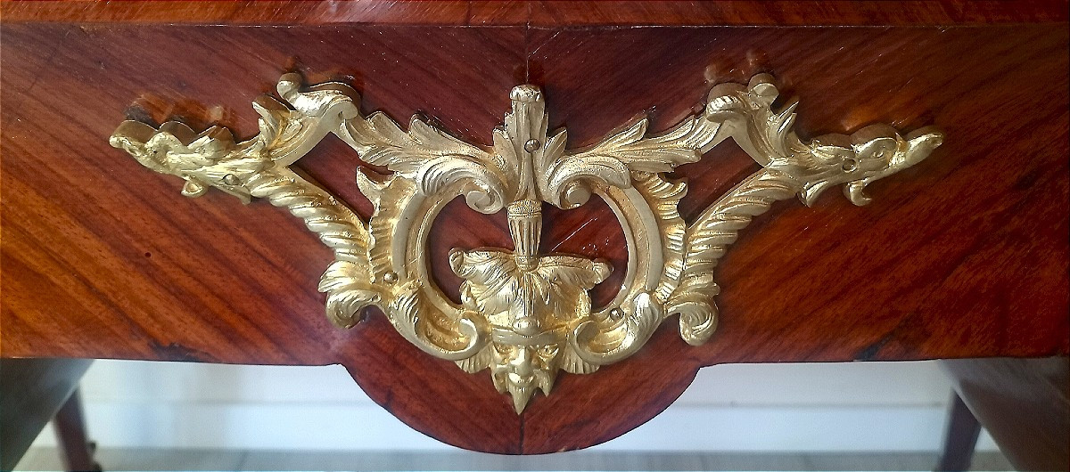 Bureau rognon marqueterie et bronze doré style Louis XV-photo-7