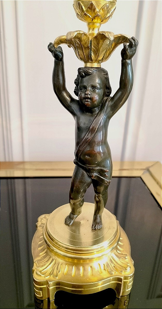 Paire de bougeoirs en bronze patiné et doré style Louis XVI 19ème siècle -photo-2