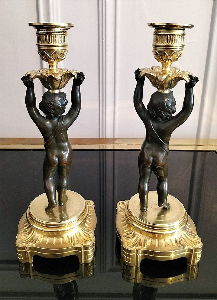 Paire de bougeoirs en bronze patiné et doré style Louis XVI 19ème siècle -photo-3