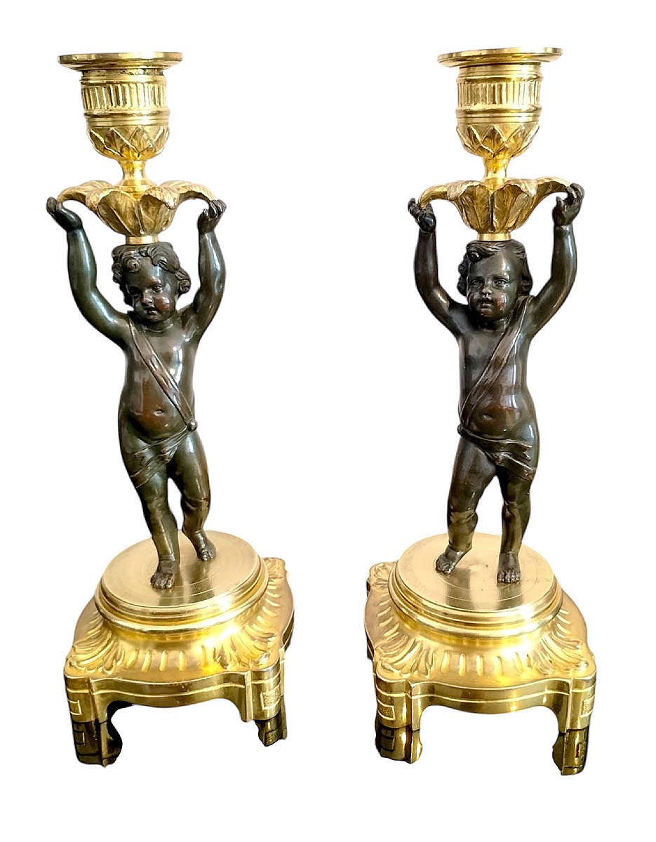 Paire de bougeoirs en bronze patiné et doré style Louis XVI 19ème siècle -photo-6