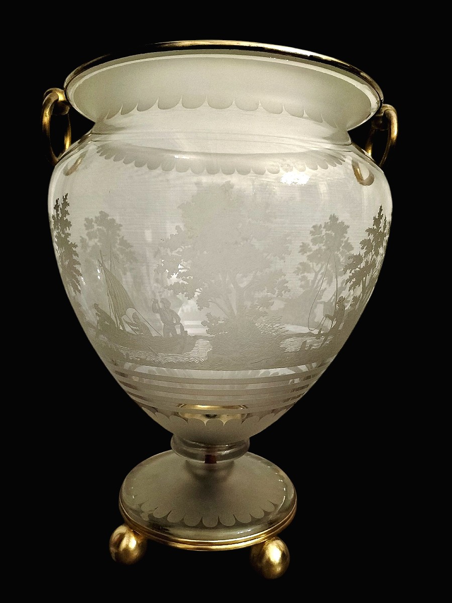Cristallerie de Portieux Vase de forme cratère en cristal gravé et bronze doré XIXème siècle -photo-2