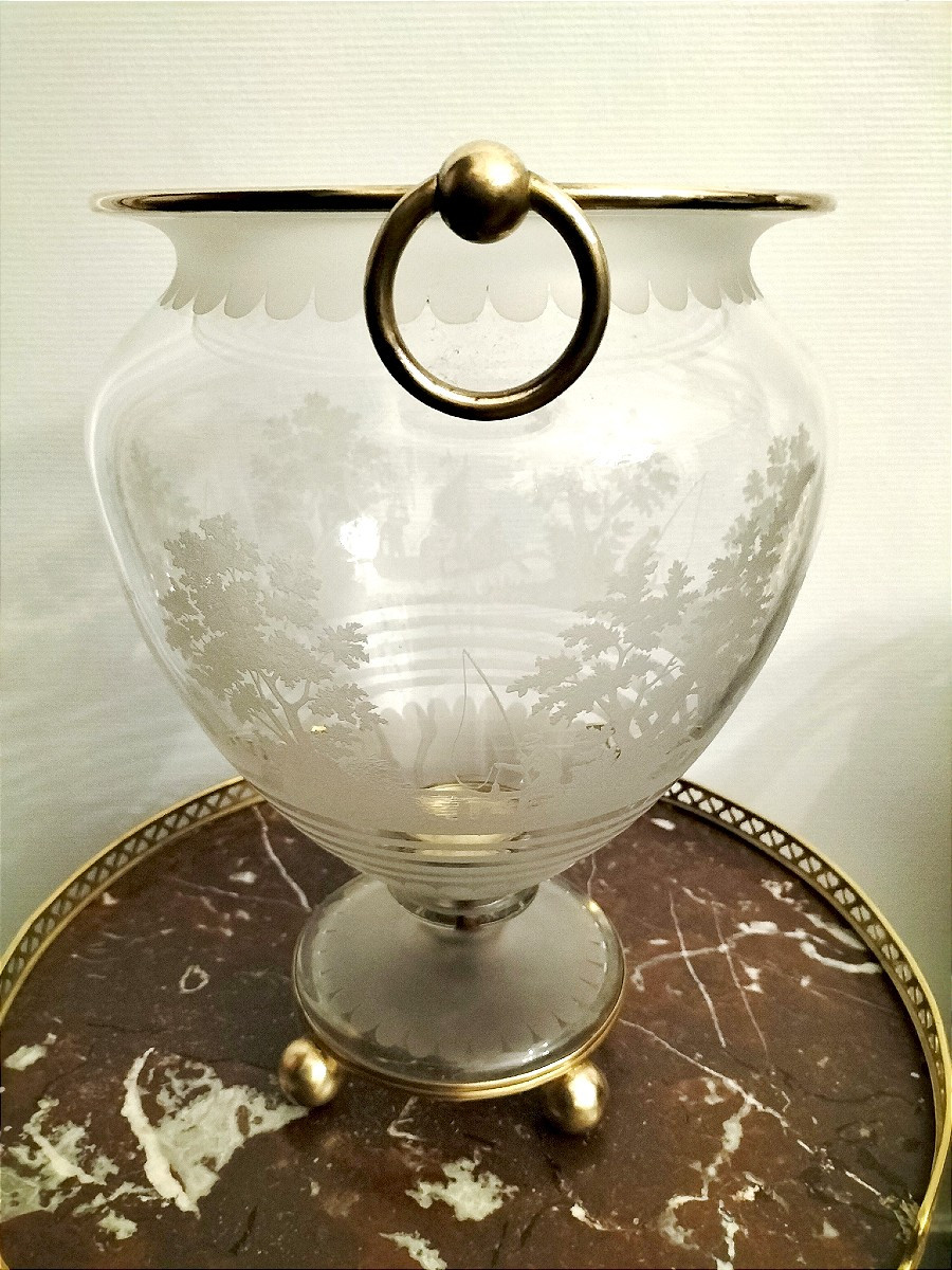 Cristallerie de Portieux Vase de forme cratère en cristal gravé et bronze doré XIXème siècle -photo-4