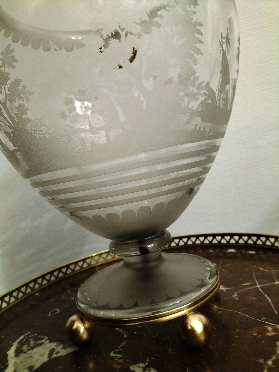 Attribué à Baccarat Vase de forme cratère en cristal gravé et bronze doré XIXème siècle -photo-6