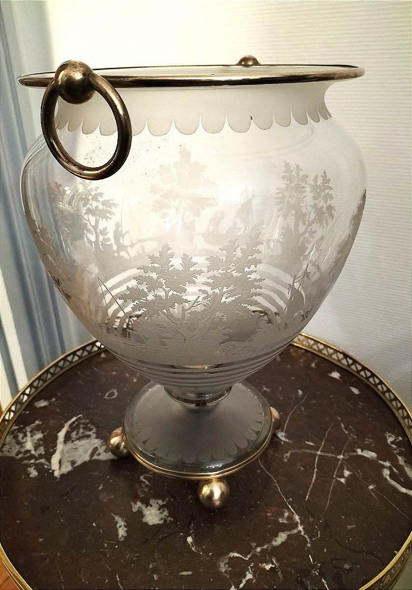 Cristallerie de Portieux Vase de forme cratère en cristal gravé et bronze doré XIXème siècle -photo-1
